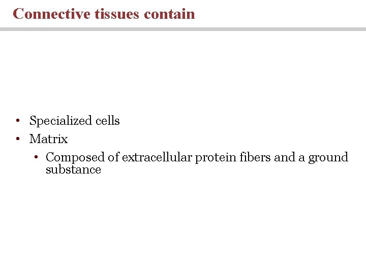 Connective tissues contain • Specialized cells • Matrix • Composed of extracellular protein fibers
