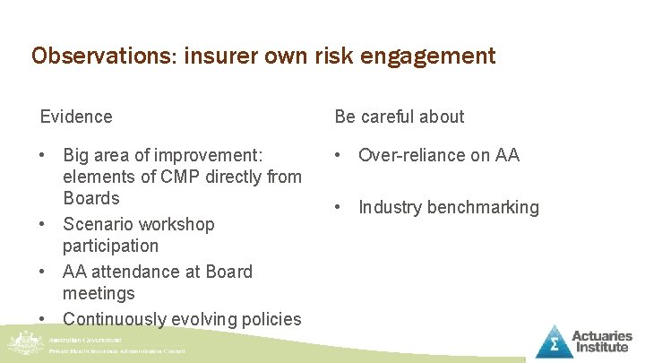 Observations: insurer own risk engagement Evidence Be careful about • Big area of improvement: