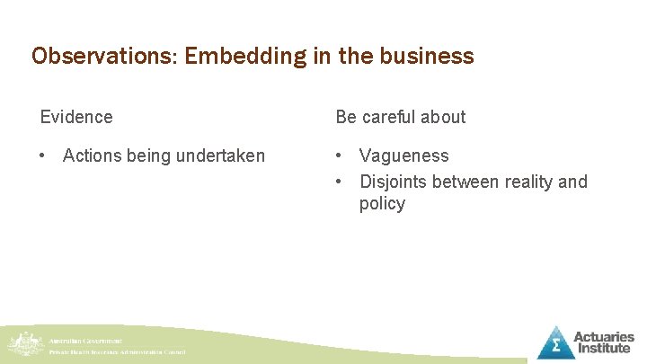 Observations: Embedding in the business Evidence Be careful about • Actions being undertaken •