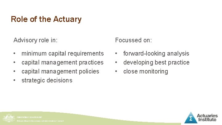 Role of the Actuary Advisory role in: Focussed on: • • • forward-looking analysis