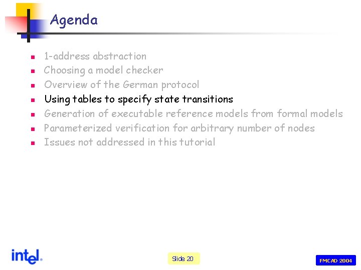 Agenda n n n n 1 -address abstraction Choosing a model checker Overview of