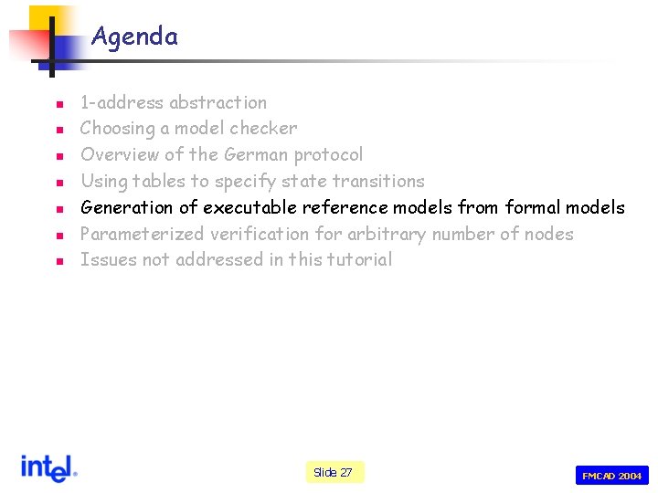 Agenda n n n n 1 -address abstraction Choosing a model checker Overview of