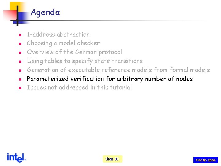 Agenda n n n n 1 -address abstraction Choosing a model checker Overview of