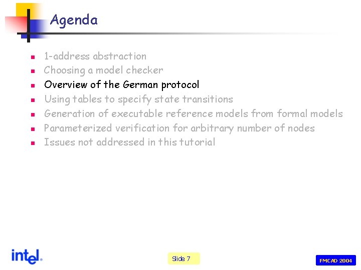 Agenda n n n n 1 -address abstraction Choosing a model checker Overview of