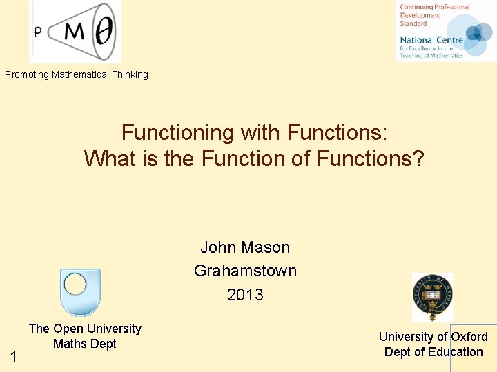 Promoting Mathematical Thinking Functioning with Functions: What is the Function of Functions? John Mason