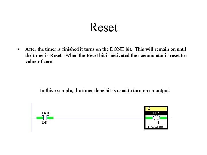 Reset • After the timer is finished it turns on the DONE bit. This