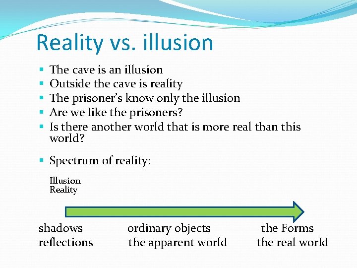 Reality vs. illusion The cave is an illusion Outside the cave is reality The Reality vs. illusion The cave is an illusion Outside the cave is reality The
