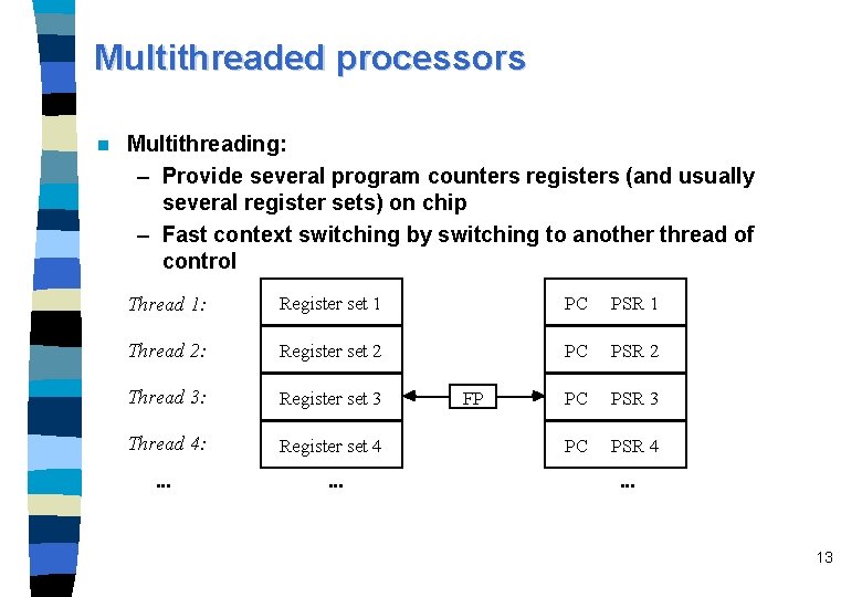 Multithreaded processors n Multithreading: – Provide several program counters registers (and usually several register