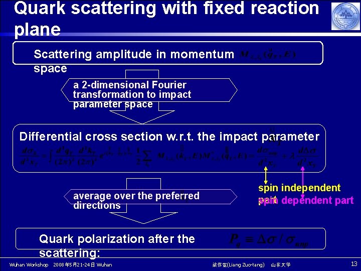 Quark scattering with fixed reaction plane Scattering amplitude in momentum space a 2 -dimensional