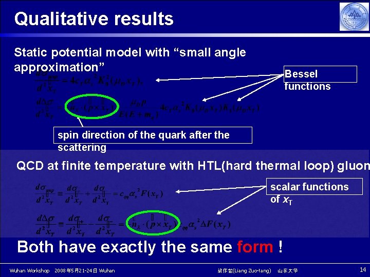 Qualitative results Static potential model with “small angle approximation” Bessel functions spin direction of