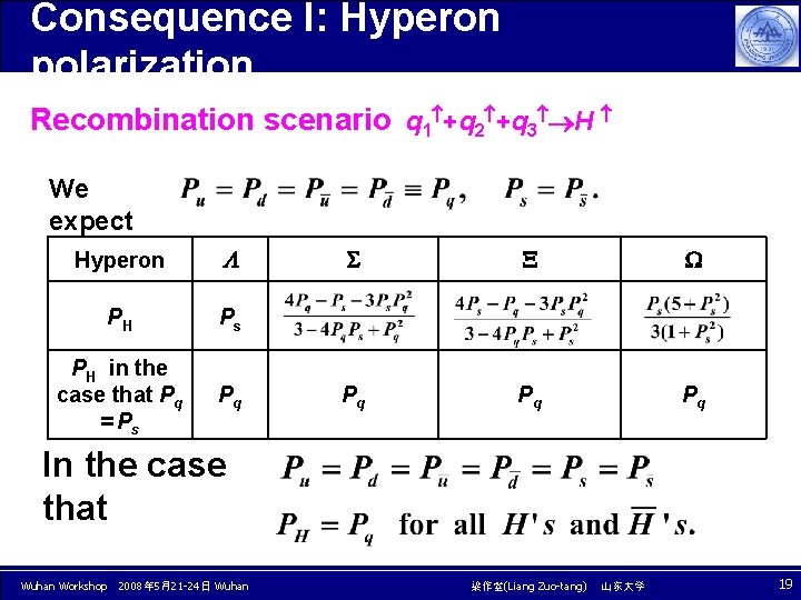 Consequence I: Hyperon polarization Recombination scenario q 1 +q 2 +q 3 H We Consequence I: Hyperon polarization Recombination scenario q 1 +q 2 +q 3 H We