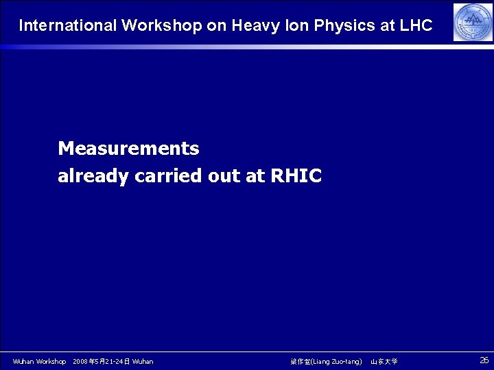 International Workshop on Heavy Ion Physics at LHC Measurements already carried out at RHIC International Workshop on Heavy Ion Physics at LHC Measurements already carried out at RHIC
