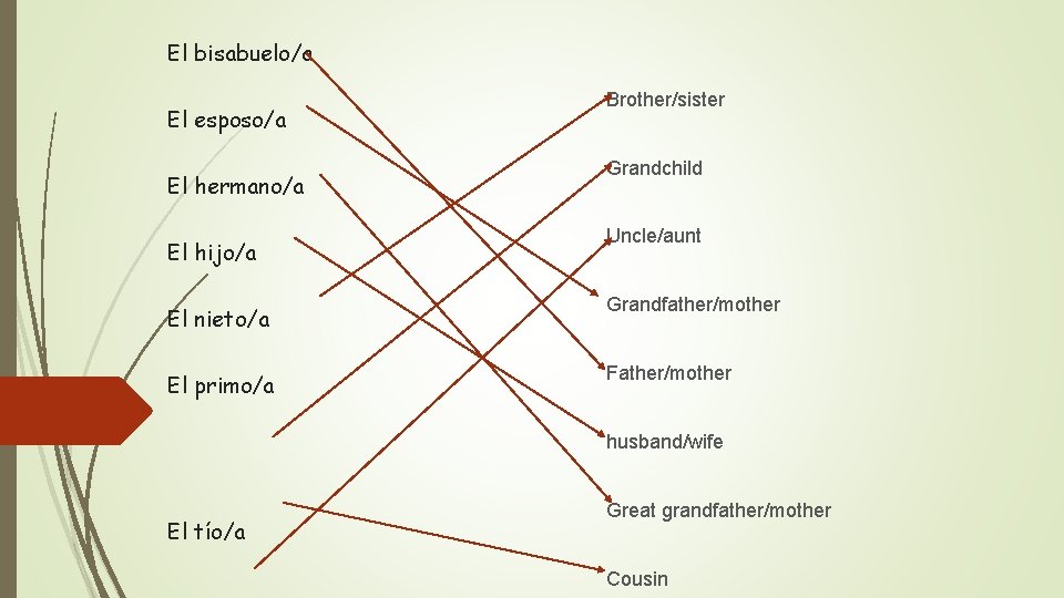 El bisabuelo/a El esposo/a El hermano/a El hijo/a Brother/sister Grandchild Uncle/aunt El nieto/a Grandfather/mother