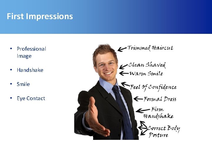 First Impressions • Professional Image • Handshake • Smile • Eye Contact 