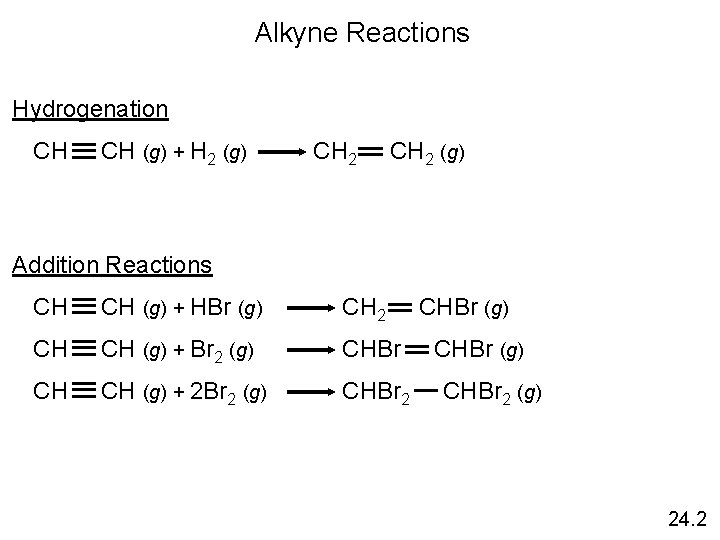 Alkyne Reactions Hydrogenation CH CH (g) + H 2 (g) CH 2 (g) Addition