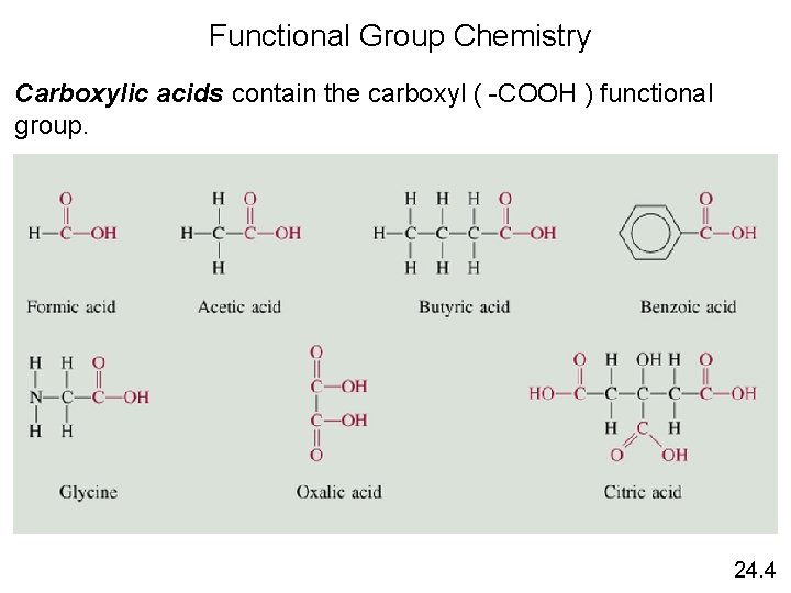 Functional Group Chemistry Carboxylic acids contain the carboxyl ( -COOH ) functional group. 24.