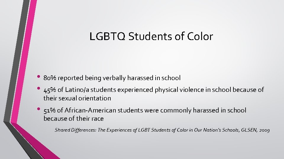 LGBTQ Students of Color • 80% reported being verbally harassed in school • 45%