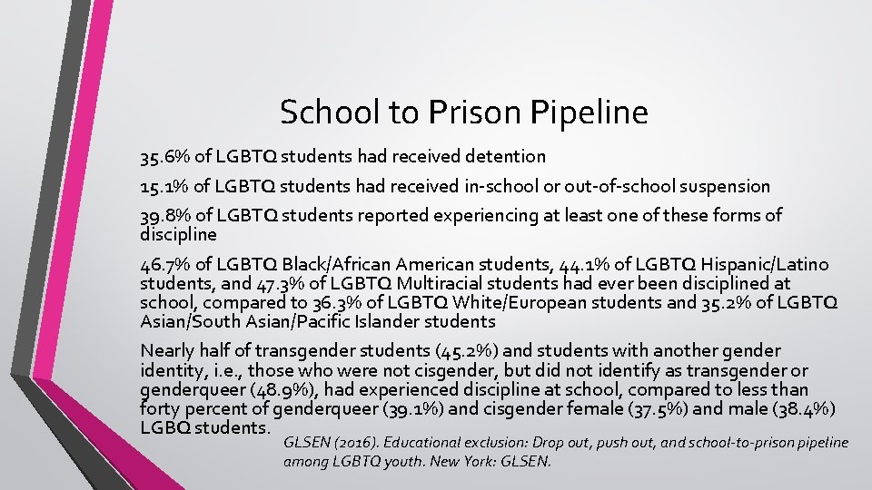 School to Prison Pipeline 35. 6% of LGBTQ students had received detention 15. 1%