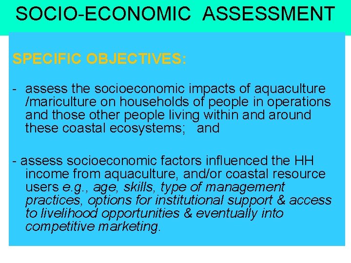SOCIO-ECONOMIC ASSESSMENT SPECIFIC OBJECTIVES: - assess the socioeconomic impacts of aquaculture /mariculture on households