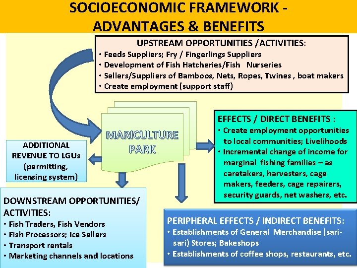 SOCIOECONOMIC FRAMEWORK ADVANTAGES & BENEFITS UPSTREAM OPPORTUNITIES /ACTIVITIES: • Feeds Suppliers; Fry / Fingerlings