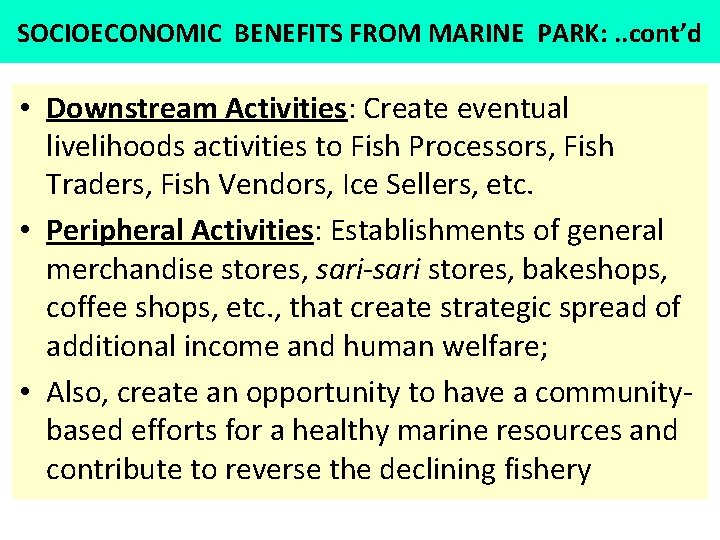 SOCIOECONOMIC BENEFITS FROM MARINE PARK: . . cont’d • Downstream Activities: Create eventual livelihoods