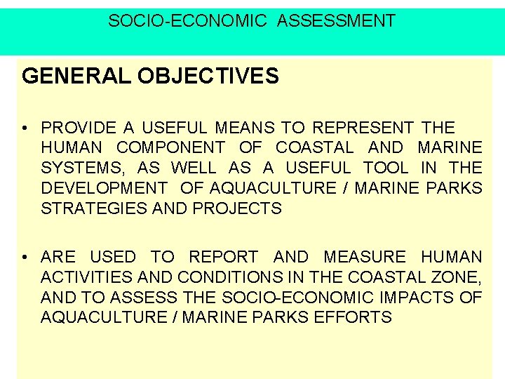 SOCIO-ECONOMIC ASSESSMENT GENERAL OBJECTIVES • PROVIDE A USEFUL MEANS TO REPRESENT THE HUMAN COMPONENT