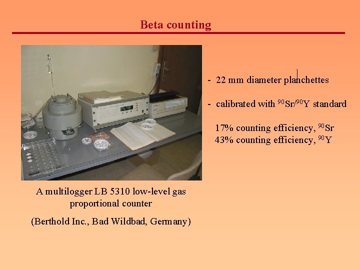 Beta counting - 22 mm diameter planchettes - calibrated with 90 Sr/90 Y standard