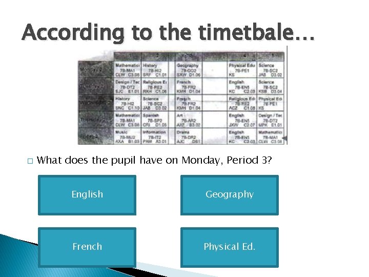 According to the timetbale… � What does the pupil have on Monday, Period 3?