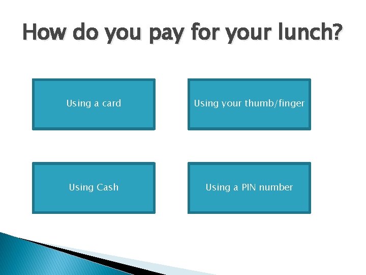How do you pay for your lunch? Using a card Using your thumb/finger Using How do you pay for your lunch? Using a card Using your thumb/finger Using
