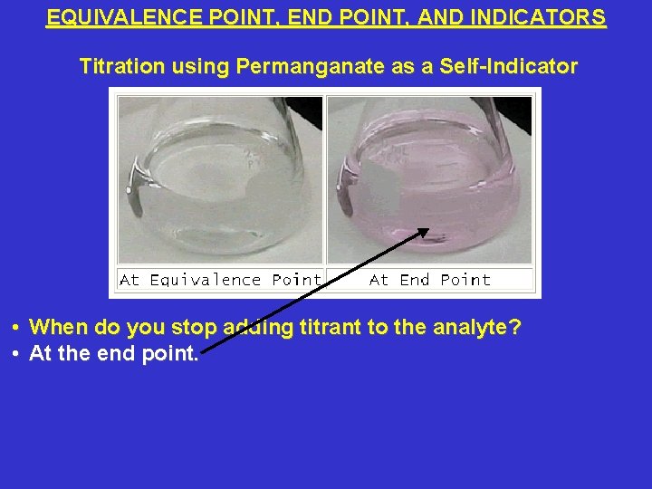 EQUIVALENCE POINT, END POINT, AND INDICATORS Titration using Permanganate as a Self-Indicator • When