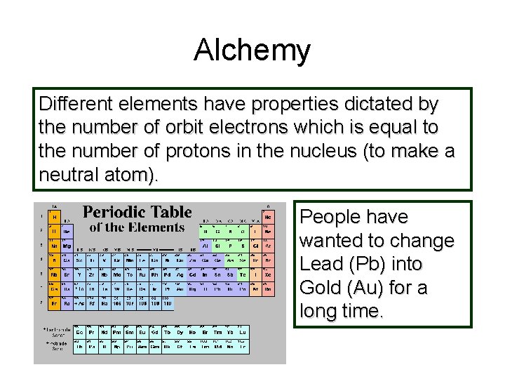 Alchemy Different elements have properties dictated by the number of orbit electrons which is