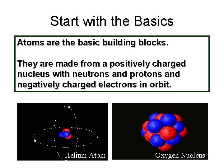 Start with the Basics Atoms are the basic building blocks. They are made from