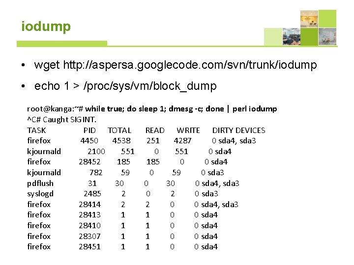 iodump • wget http: //aspersa. googlecode. com/svn/trunk/iodump • echo 1 > /proc/sys/vm/block_dump root@kanga: ~#