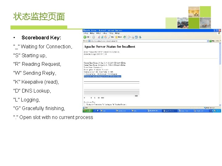 状态监控页面 • Scoreboard Key: "_" Waiting for Connection, "S" Starting up, "R" Reading Request,
