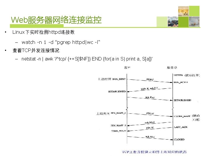 Web服务器网络连接监控 • Linux下实时检测httpd连接数 – watch -n 1 -d "pgrep httpd|wc -l“ • 查看TCP并发连接情况: –