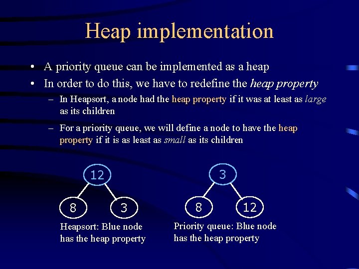 Heap implementation • A priority queue can be implemented as a heap • In