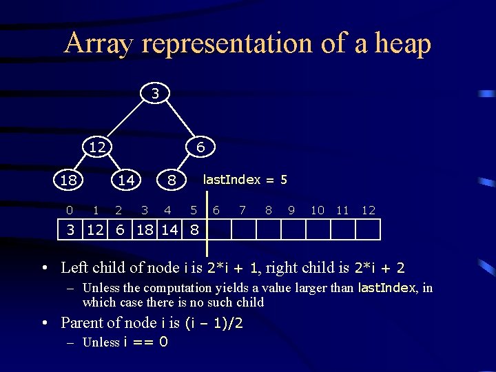 Array representation of a heap 3 12 18 0 6 14 1 2 8