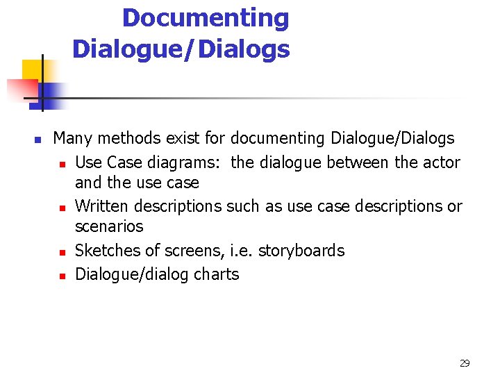 Documenting Dialogue/Dialogs n Many methods exist for documenting Dialogue/Dialogs n Use Case diagrams: the
