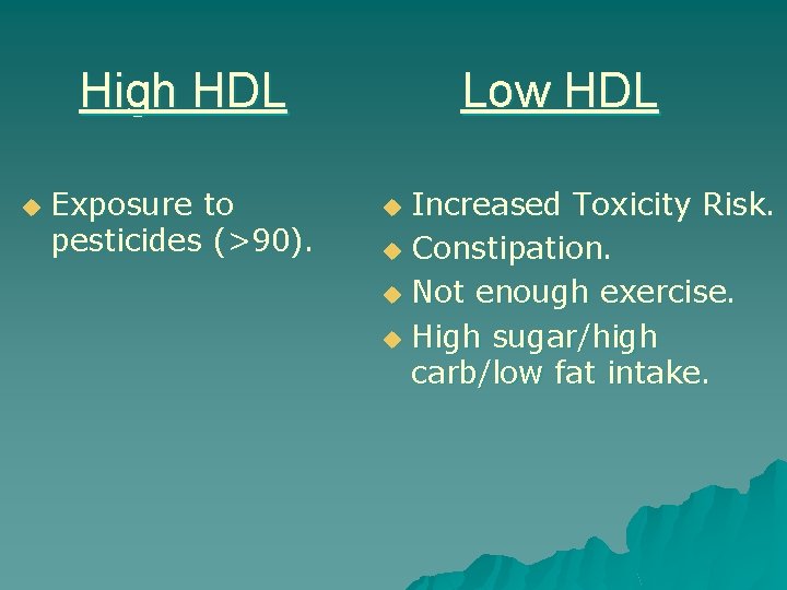 High HDL u Exposure to pesticides (>90). Low HDL Increased Toxicity Risk. u Constipation.