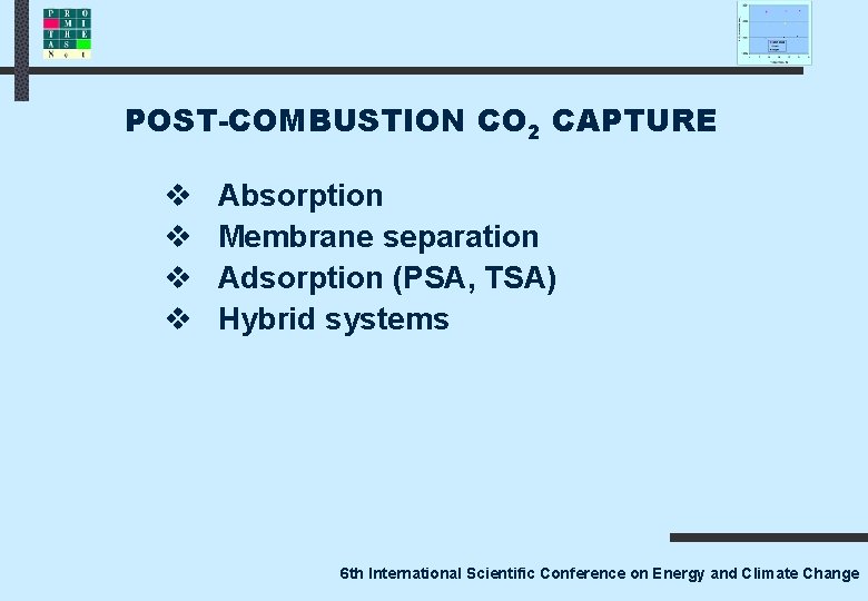 POST-COMBUSTION CO 2 CAPTURE v v Absorption Membrane separation Adsorption (PSA, TSA) Hybrid systems