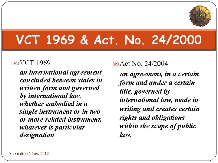 VCT 1969 & Act. No. 24/2000 VCT 1969 an international agreement concluded between states
