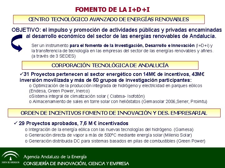 FOMENTO DE LA I+D+I CENTRO TECNOLÓGICO AVANZADO DE ENERGÍAS RENOVABLES OBJETIVO: el impulso y