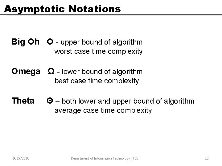 Asymptotic Notations Big Oh O - upper bound of algorithm worst case time complexity