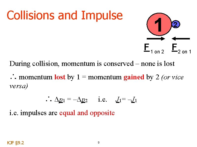 Collisions and Impulse 1 2 F 1 on 2 F 2 on 1 During Collisions and Impulse 1 2 F 1 on 2 F 2 on 1 During