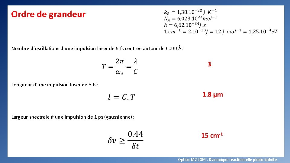 Ordre de grandeur Nombre d’oscillations d’une impulsion laser de 6 fs centrée autour de