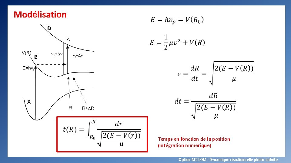 Modélisation D B X Temps en fonction de la position (intégration numérique) Option M