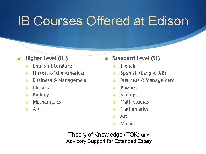 IB Courses Offered at Edison S Higher Level (HL) S Standard Level (SL) S