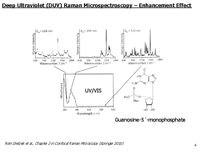 Deep Ultraviolet (DUV) Raman Microspectroscopy – Enhancement Effect UV/VIS Guanosine-5´-monophosphate from Dietzek et al. Deep Ultraviolet (DUV) Raman Microspectroscopy – Enhancement Effect UV/VIS Guanosine-5´-monophosphate from Dietzek et al.
