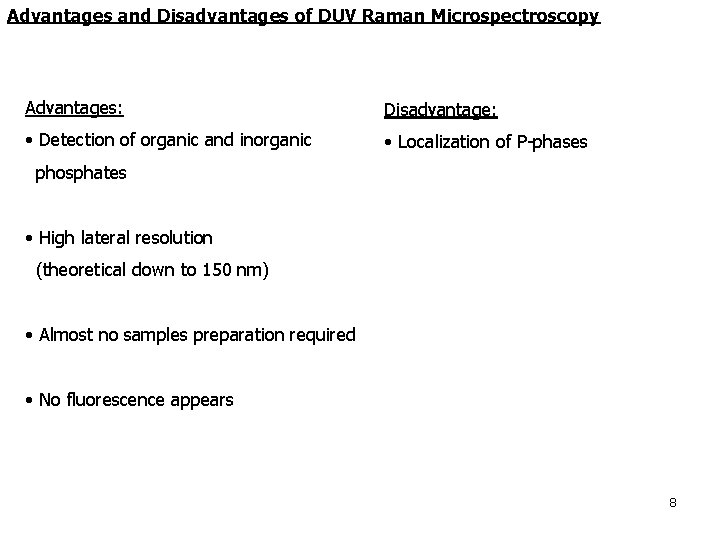 Advantages and Disadvantages of DUV Raman Microspectroscopy Advantages: Disadvantage: • Detection of organic and Advantages and Disadvantages of DUV Raman Microspectroscopy Advantages: Disadvantage: • Detection of organic and