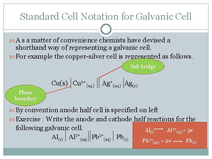 Standard Cell Notation for Galvanic Cell A s a matter of convenience chemists have